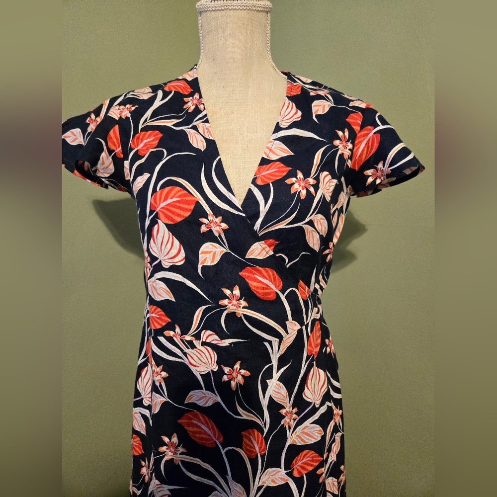 Draper James SIZE 6 Wrap Dress Summer Navy Orange Floral 100% Linen Woman's a1 - Picture 5 of 12